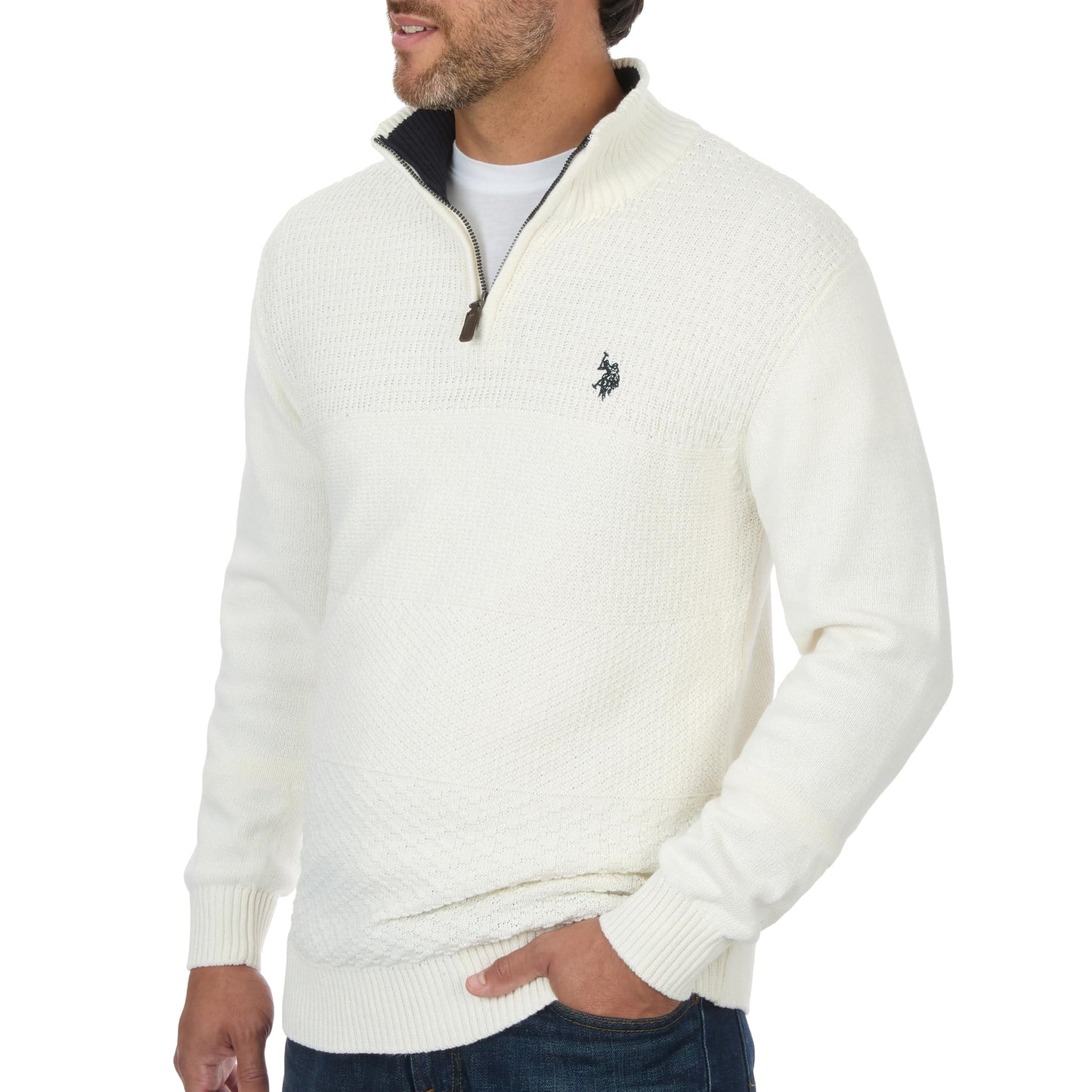 U.S. Polo Assn. Men's Cable Knit Quarter Zip Textured Ribbed and Collared Pullover Sweater - Classic Solid Color (Vanilla Prep, X-Large)