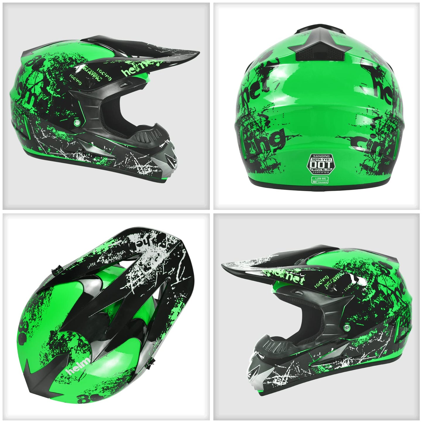 Dirt Bike Helmets Youth Motocross, Motorcycle, BMX, ATV, Off-Road, Four Wheeler, Adult Moutain Bike Helmets Dot Approved (Goggles Gloves Faceshield) (Green, Large)