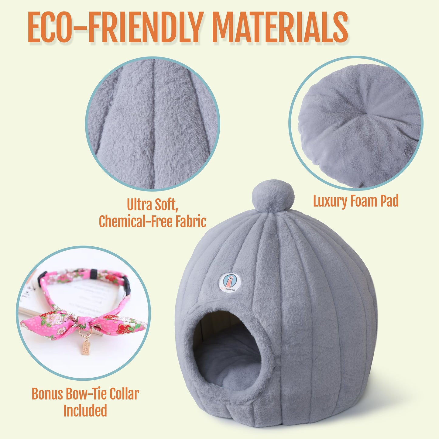 TAILTOWER Largest Cozy Dome Cat Cave Bed – Extra Spacious for Large Cats, Multi-Cat Homes & Small Dogs, Enclosed Plush Hideaway for Indoor Cats (24×23inch, Light Gray)