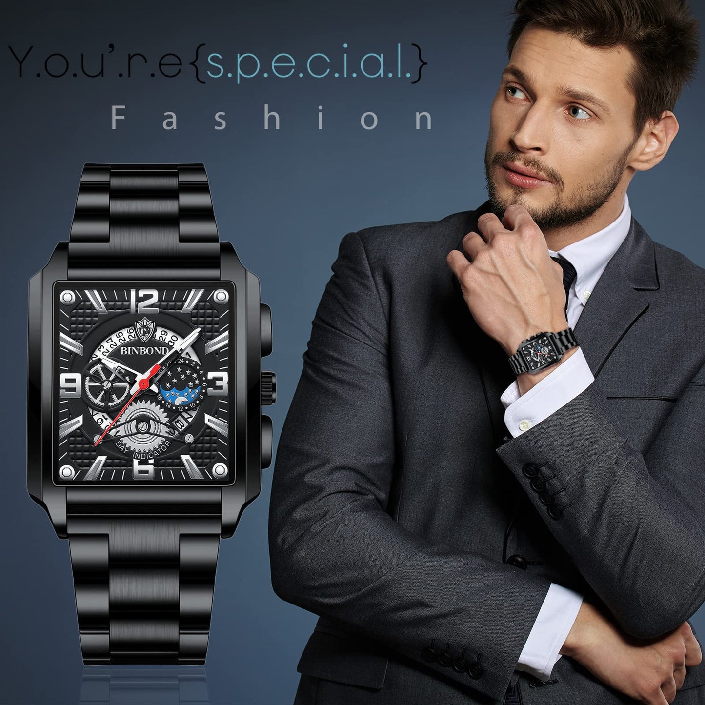 Avaner Men's Stainless Steel Wrist Watch, Analog Quartz Square Watch for Men with Calendar and Luminous Pointers