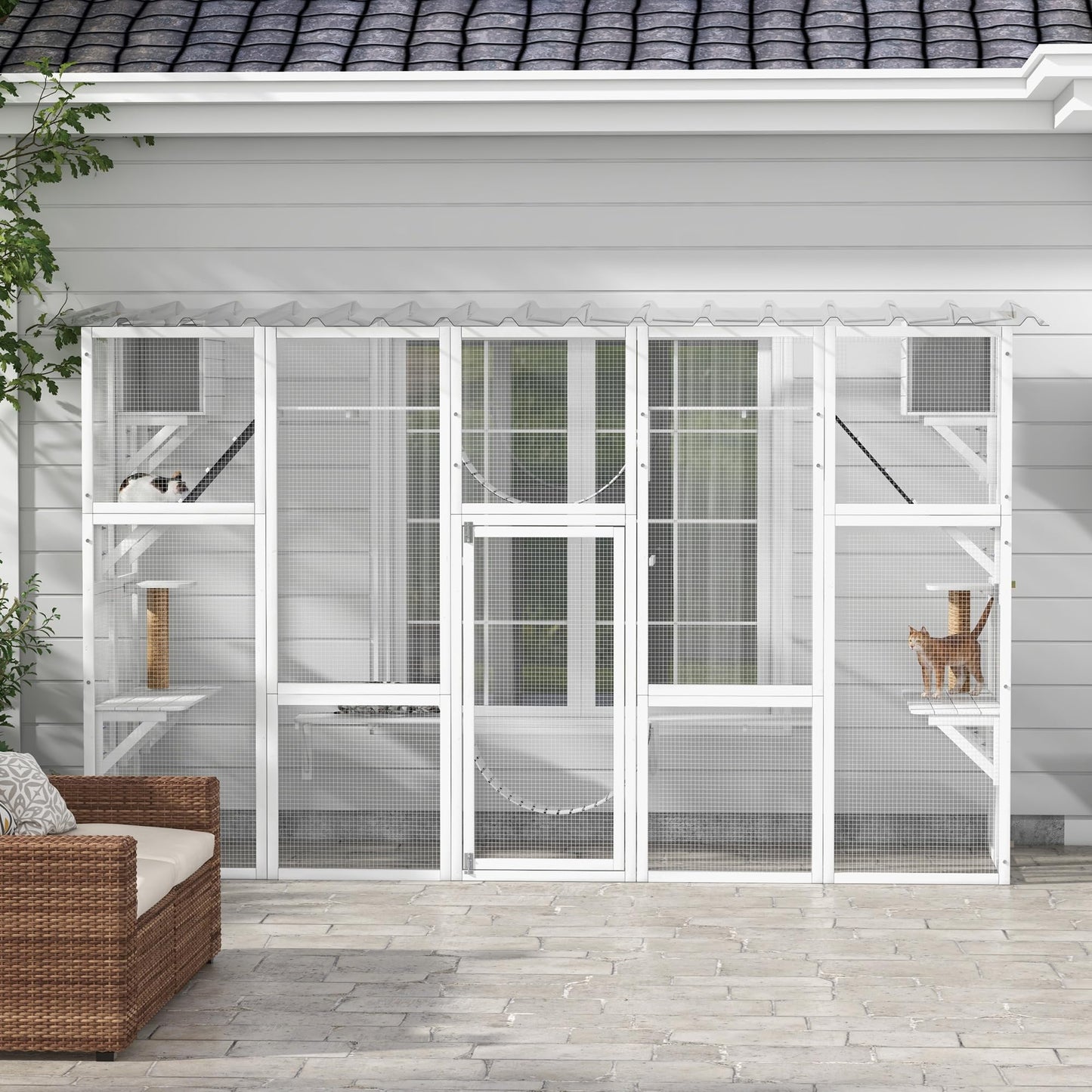 PawHut Catio Playground Cat Window Box Outside Enclosure, Outdoor Cat House with Weather Protection Roof for Multiple Kitties, Wooden Frame, Shelves & Bridges, 118" x 37.5" x 74", White