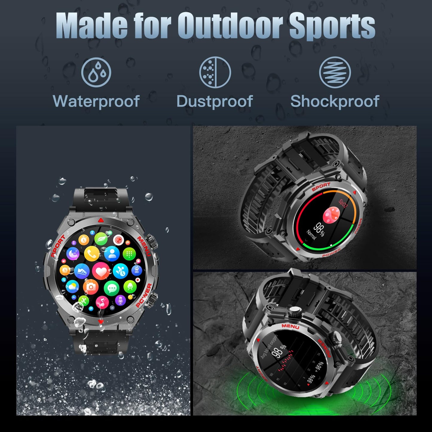 Military Smart Watch, 1.52-Inch Touch Screen Tactical Smartwatch with Text and Call, Heart Rate, Blood Oxygen, and Activity Trackers - Compatible with iPhone and Android, for Men and Women(Black)