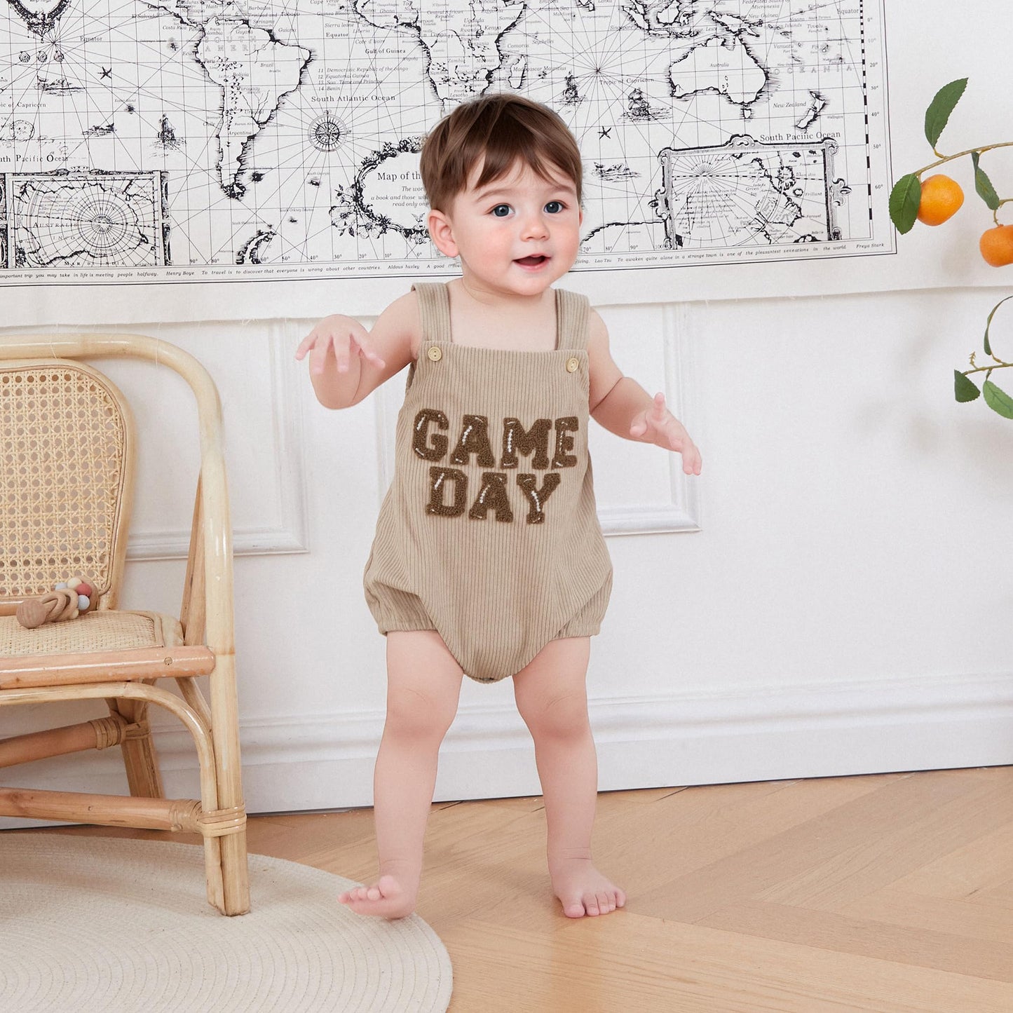 Dewadbow Newborn Football Outfit Boy Girl Football Game Day Embroidery Onesie Overalls Sleeveless Corduroy Romper Clothes (Beige, 12-18 Months)