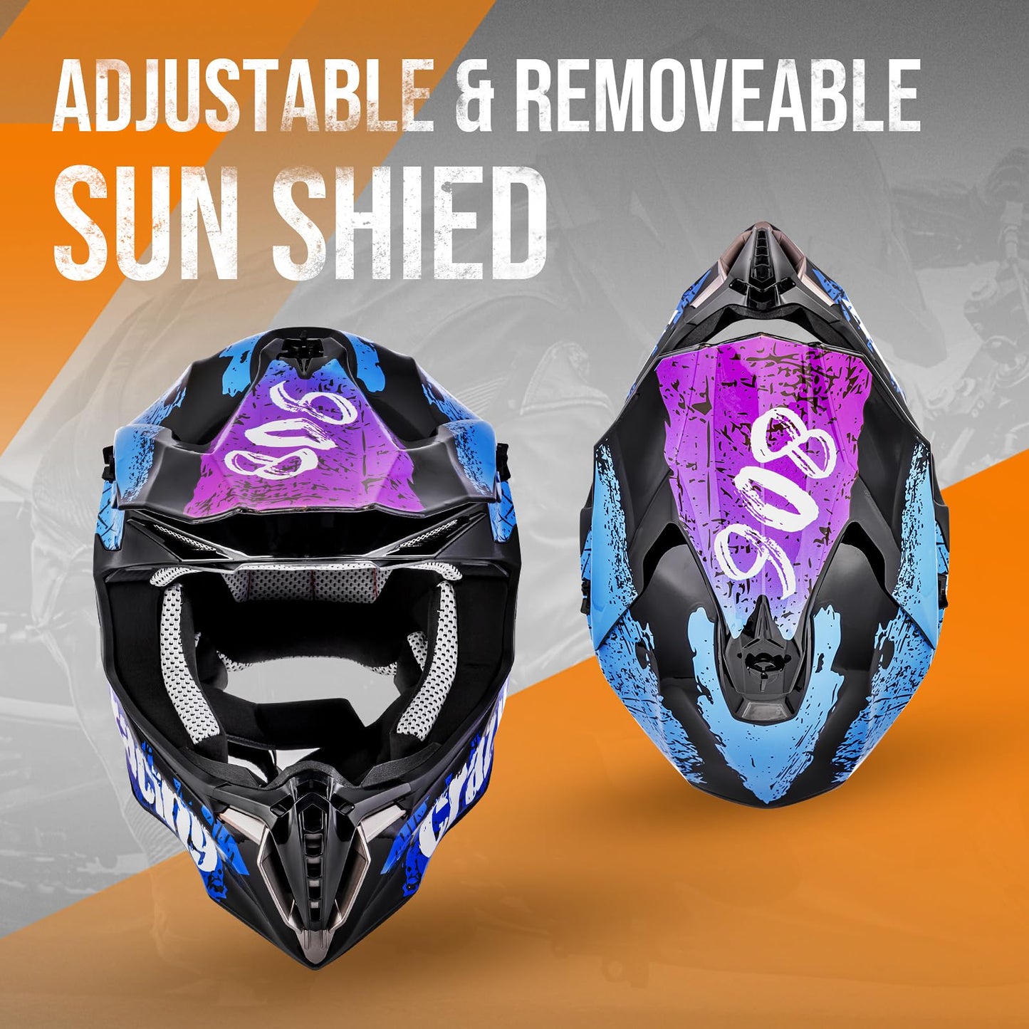 OUMURS Adult ATV Dirt Bike Helmet with Gloves & Mask Adjustable Sun Visor Motorcycle Adult Helmet Off-Road Motocross Downhill Moped MX for Unisex-Adult-Crazy Blue, L