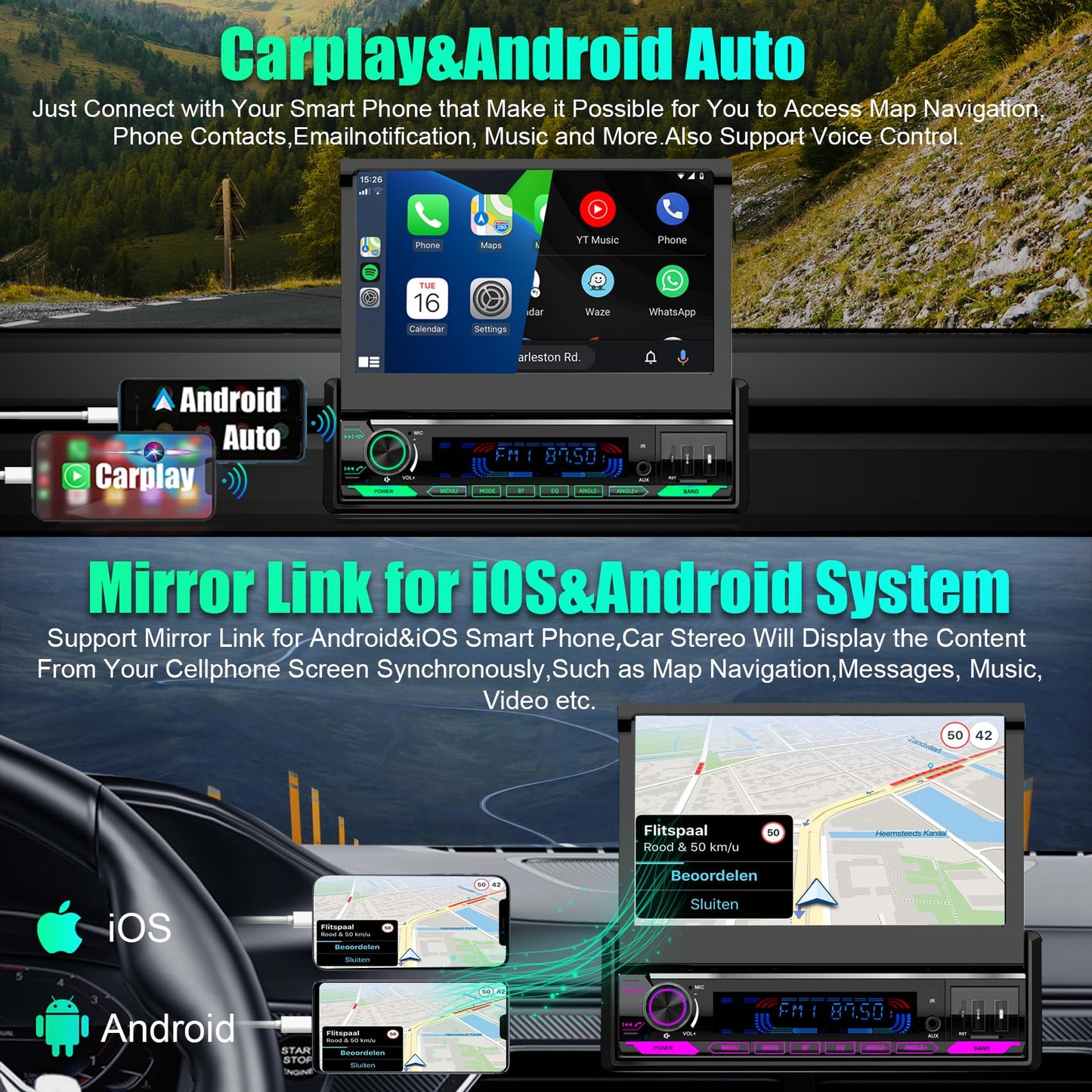 (Motorized&HD Screen) Single Din Apple Carplay Car Stereo with Android Auto - 7 Inch Flip Out Touchscreen Car Radio with Bluetooth| Mirror Link| Backup Camera/USB/AUX Input/AM/FM/Subwoofer/DSP