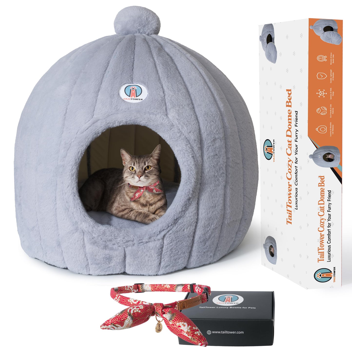 TAILTOWER Largest Cozy Dome Cat Cave Bed – Extra Spacious for Large Cats, Multi-Cat Homes & Small Dogs, Enclosed Plush Hideaway for Indoor Cats (24×23inch, Light Gray)