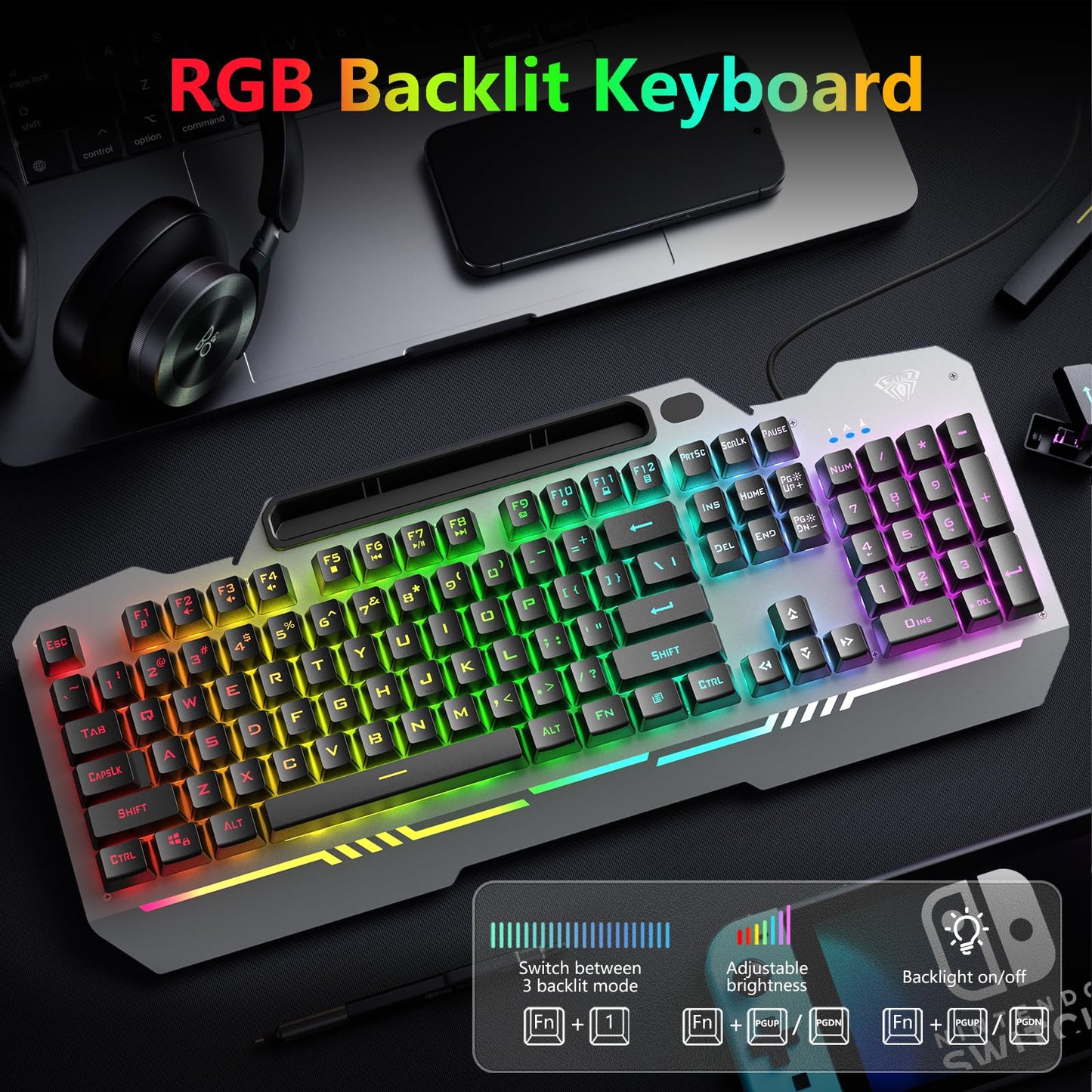 AULA Keyboard, T102 104 Keys Gaming Keyboard and Mouse Combo with RGB Backlit Quiet Computer Keyboard, All-Metal Panel, Waterproof Light Up PC Keyboard, USB Wired Keyboard Gaming for MAC Xbox PC Gamer