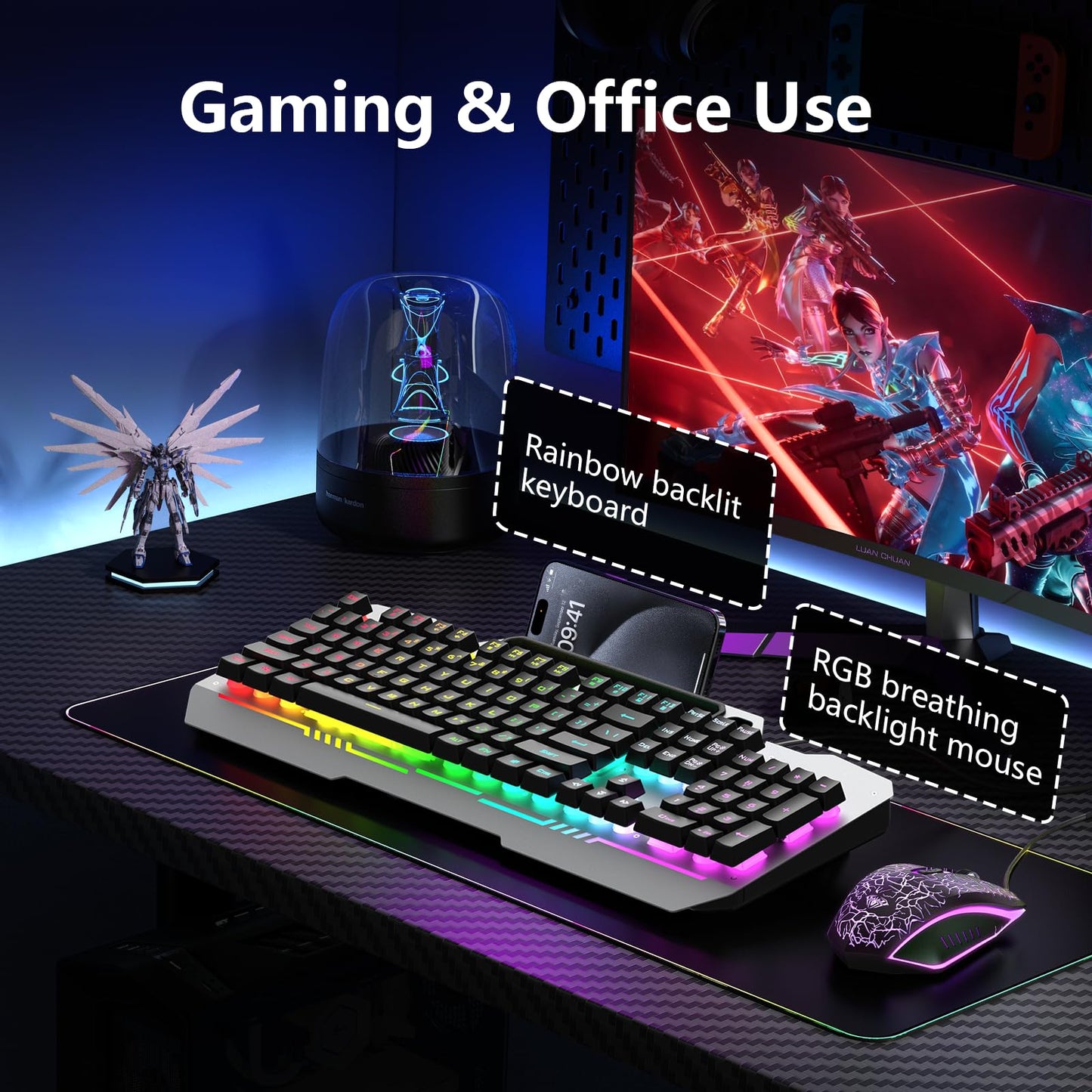 AULA Keyboard, T102 104 Keys Gaming Keyboard and Mouse Combo with RGB Backlit Quiet Computer Keyboard, All-Metal Panel, Waterproof Light Up PC Keyboard, USB Wired Keyboard Gaming for MAC Xbox PC Gamer