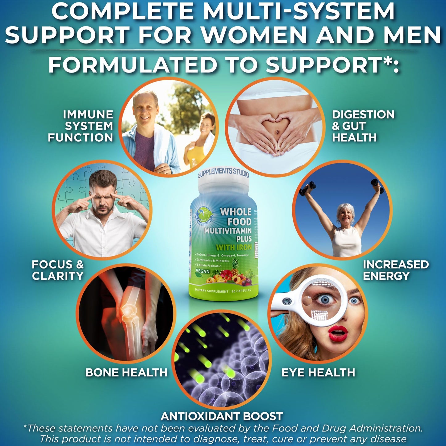 Vegan Whole Food Multivitamin with Iron, Daily Multivitamin for Women and Men, Made with Fruits & Vegetables, B-Complex, Probiotics, Enzymes, CoQ10, Omegas, Turmeric, Non-GMO, 90 Count