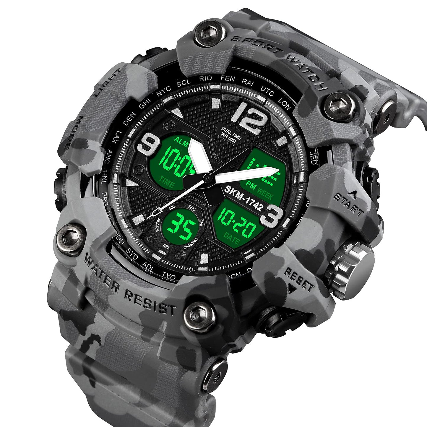 Dayllon Mens Digital Sports Watch 50M Water Resistant Military Backlight Stopwatch LED Screen Countdown Watches 1742 Grey