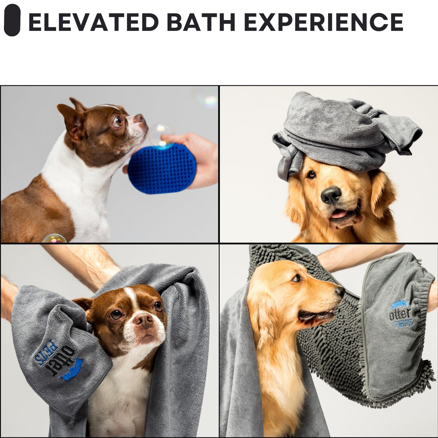 OtterPets 3 Piece Set: 2 Dog Towels and Dog Bath Brush. Dog Shammy and Microfiber Dog Towel. Super Absorbent Towels, Dog Bath Supplies, Dog Scrubber for Bath