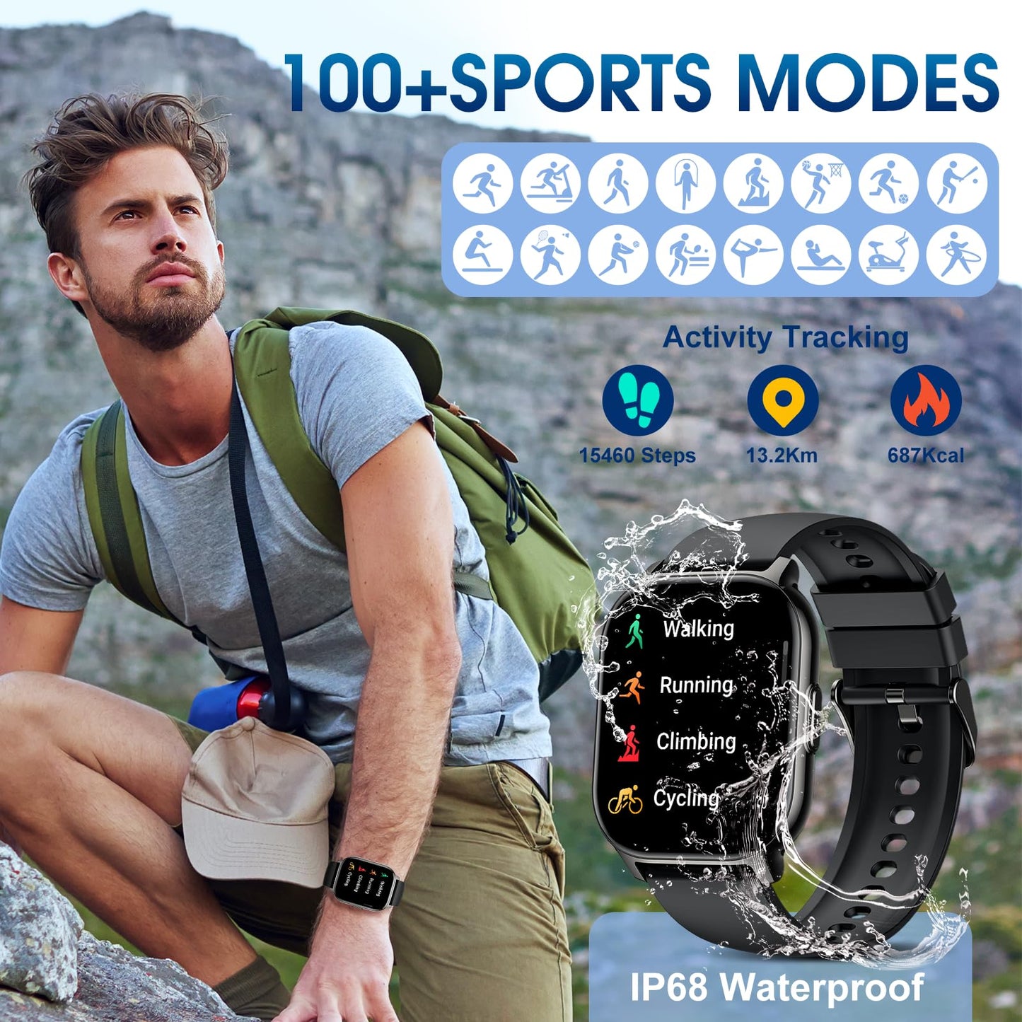 Smart Watch, 2.1" Smart Watches for Men Women(Answer/Make Call),120+ Sport Modes Fitness Tracker with Sleep Heart Rate Monitor, Pedometer, Watches for Men IP68 Waterproof Fitness Watch for iOS Android