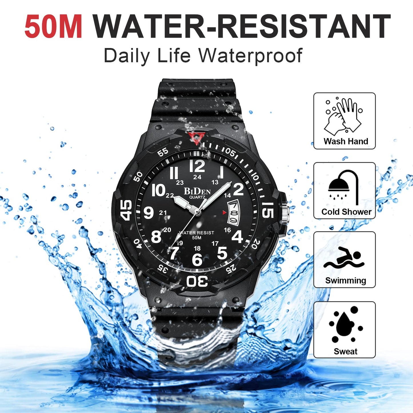 LN LENQIN Mens Watches Analog Quartz Watches Men 50M Waterproof Watch Fashion Business Casual Mens Designer Watch with Date Wrist Watches for Man (R009-Black-Red)