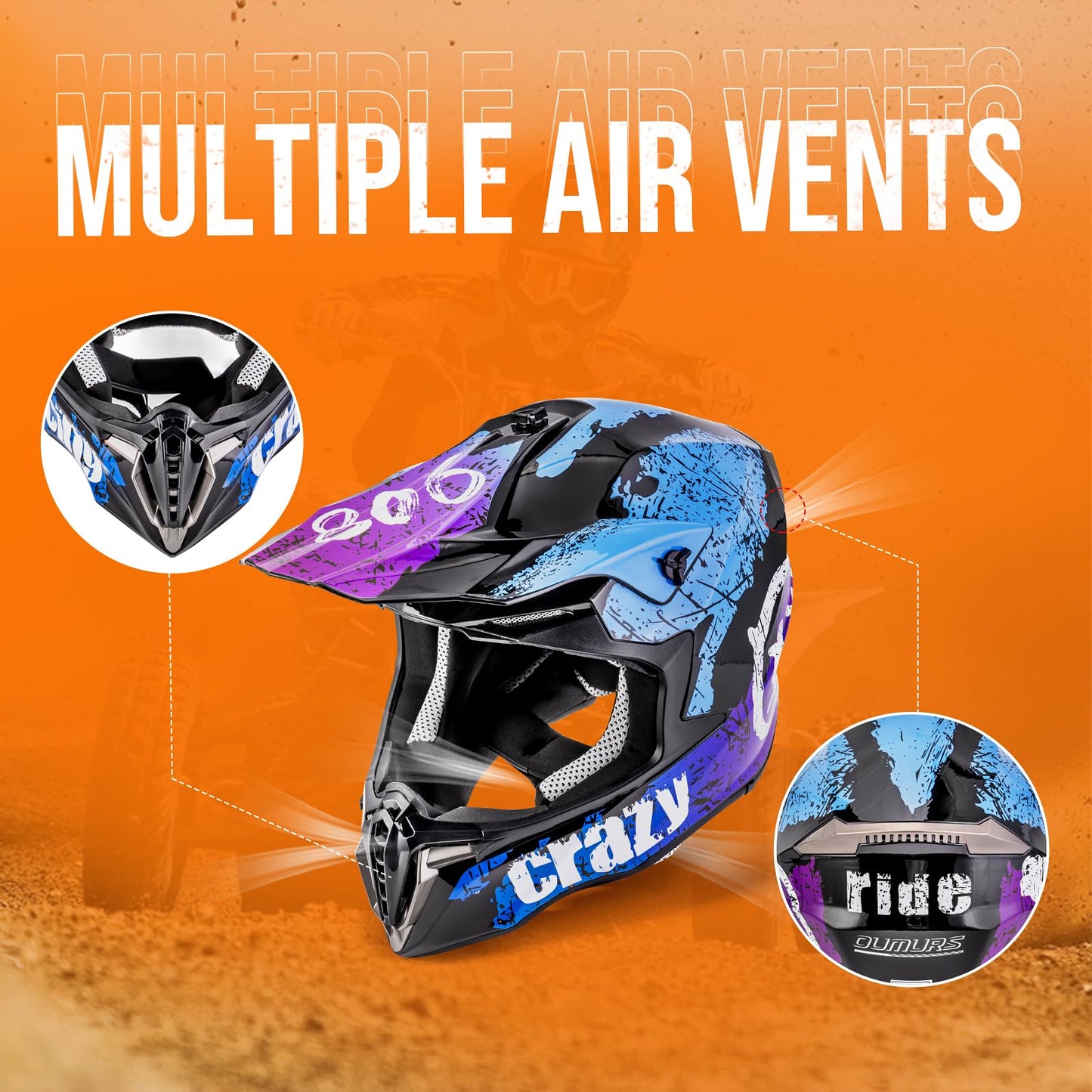 OUMURS Adult ATV Dirt Bike Helmet with Gloves & Mask Adjustable Sun Visor Motorcycle Adult Helmet Off-Road Motocross Downhill Moped MX for Unisex-Adult-Crazy Blue, L