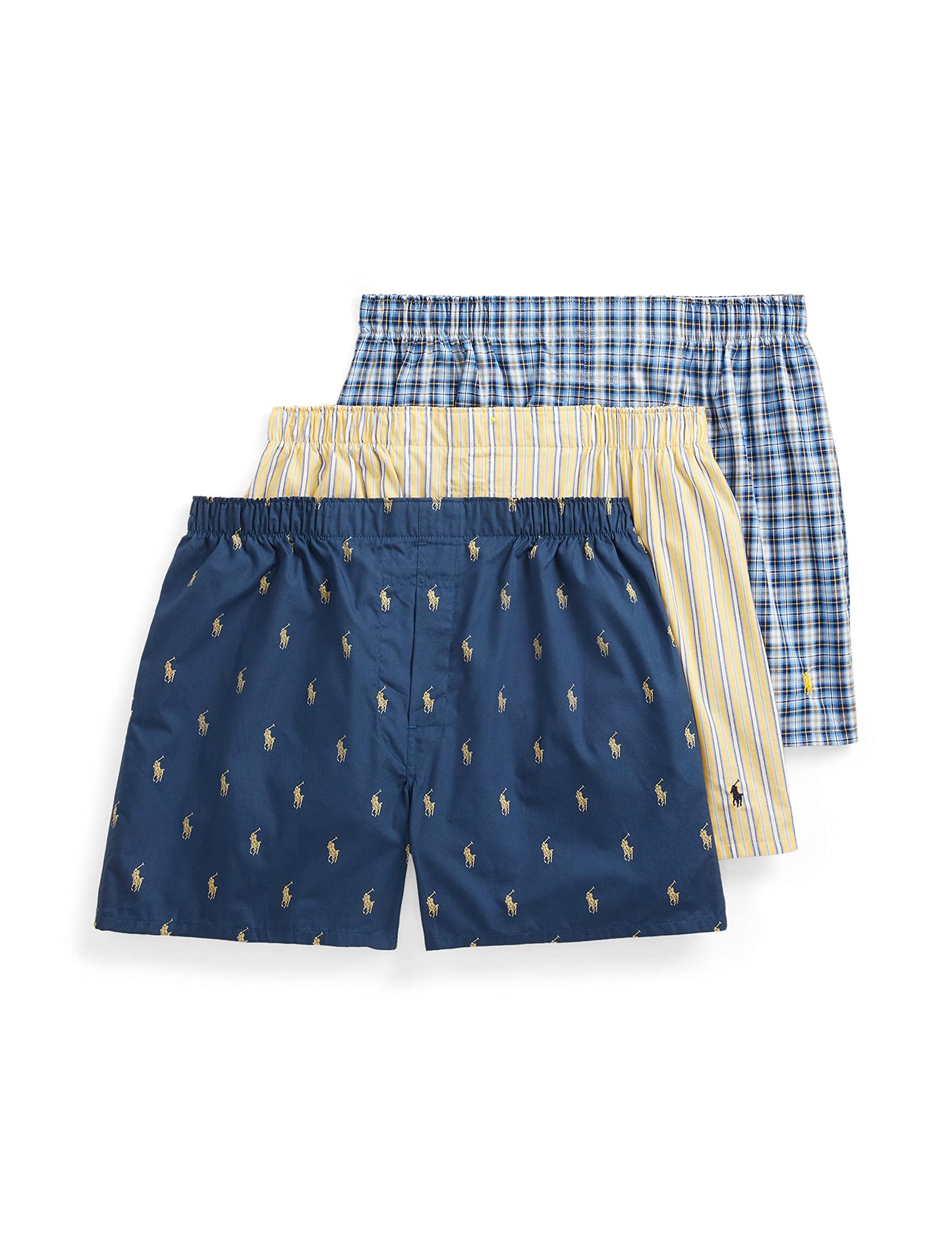 POLO Ralph Lauren Men's Classic Fit Cotton Woven Boxers 3-Pack, Rustic Navy/Campus Yellow, Summer Stripe/Cruise Navy, Sag Harbor Plaid Yellow-3 Pack, Large