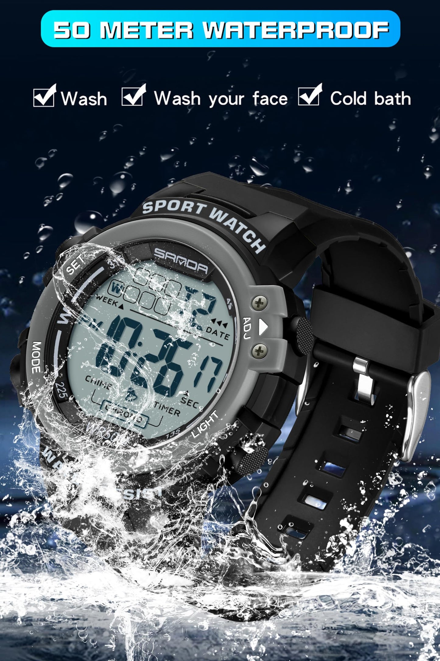 Sports Watches for Men Digital, Big Face LED Dial Easy to Read Time Wrist Watch with Countdown Timer Dual Time 5Bar Waterproof