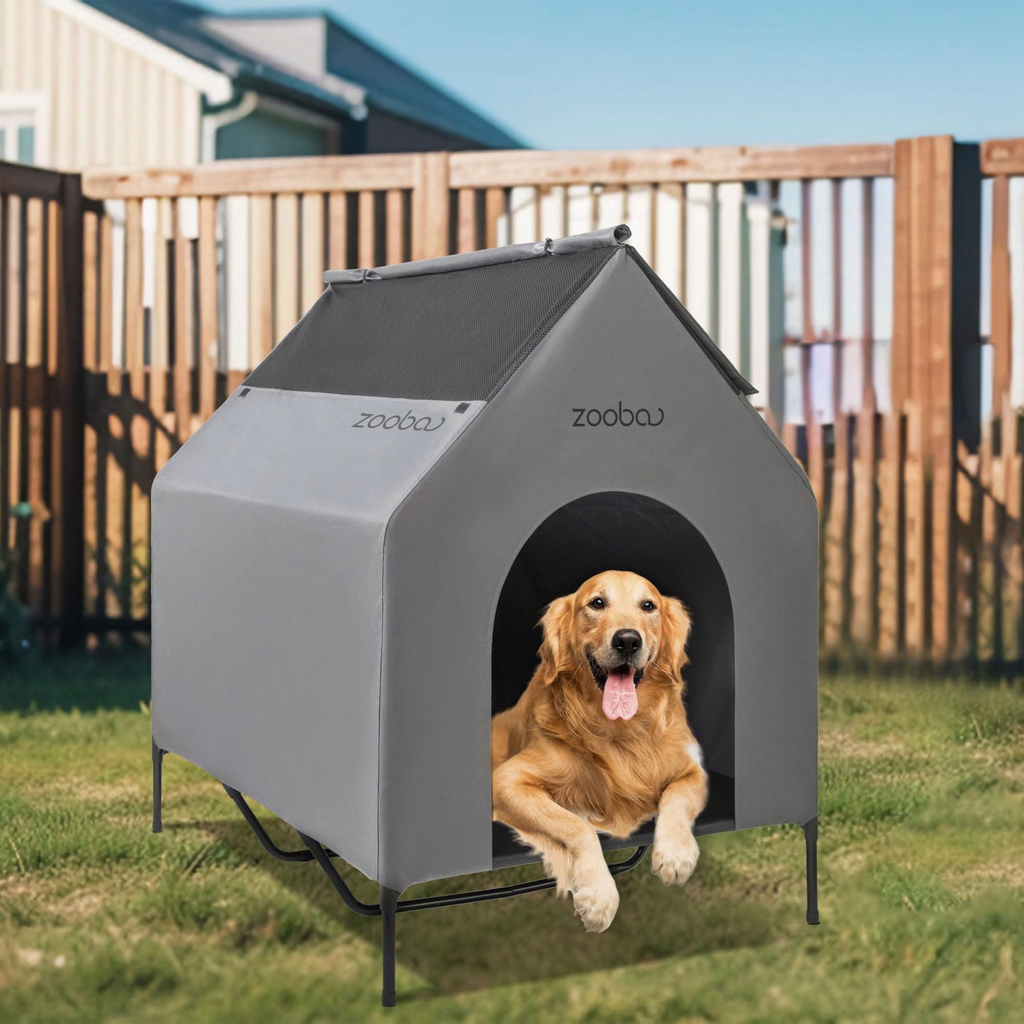 Zooba 48" X-Large Dog House, Dog House for Large Dogs Indoor or Outside, Weatherproof 600D PVC Dog House Outdoor, Featuring Breathable 2x1 Textilene Elevated Dog Cooling Bed, Easy to Clean