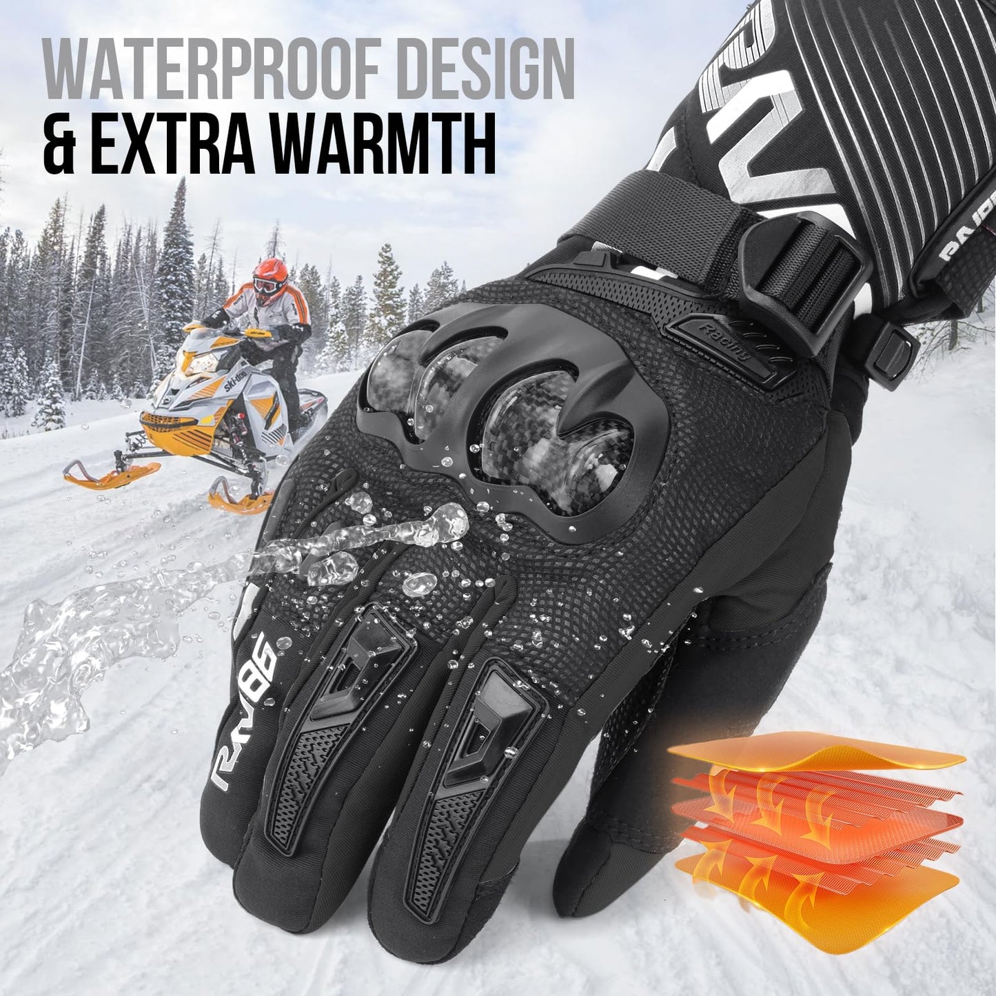RKV86 Motorcycle Gloves for Men Winter Riding Gloves with Carbon Fiber Protective Motorbike Powersports Racing Gloves with Touchscreen for Outdoor Sports Black L