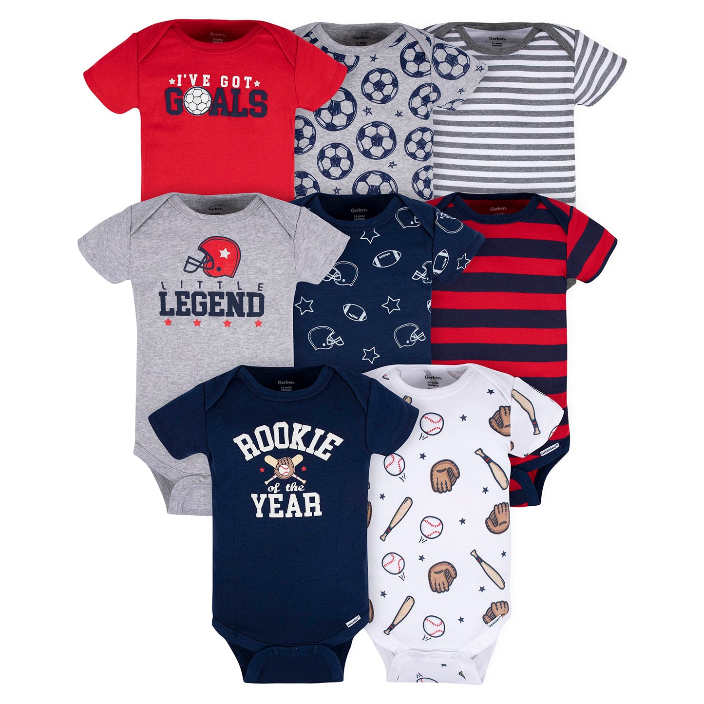 Gerber Baby Boy's 8-Pack Short Sleeve Onesies Bodysuits, Sports Blue White, 0-3 Months