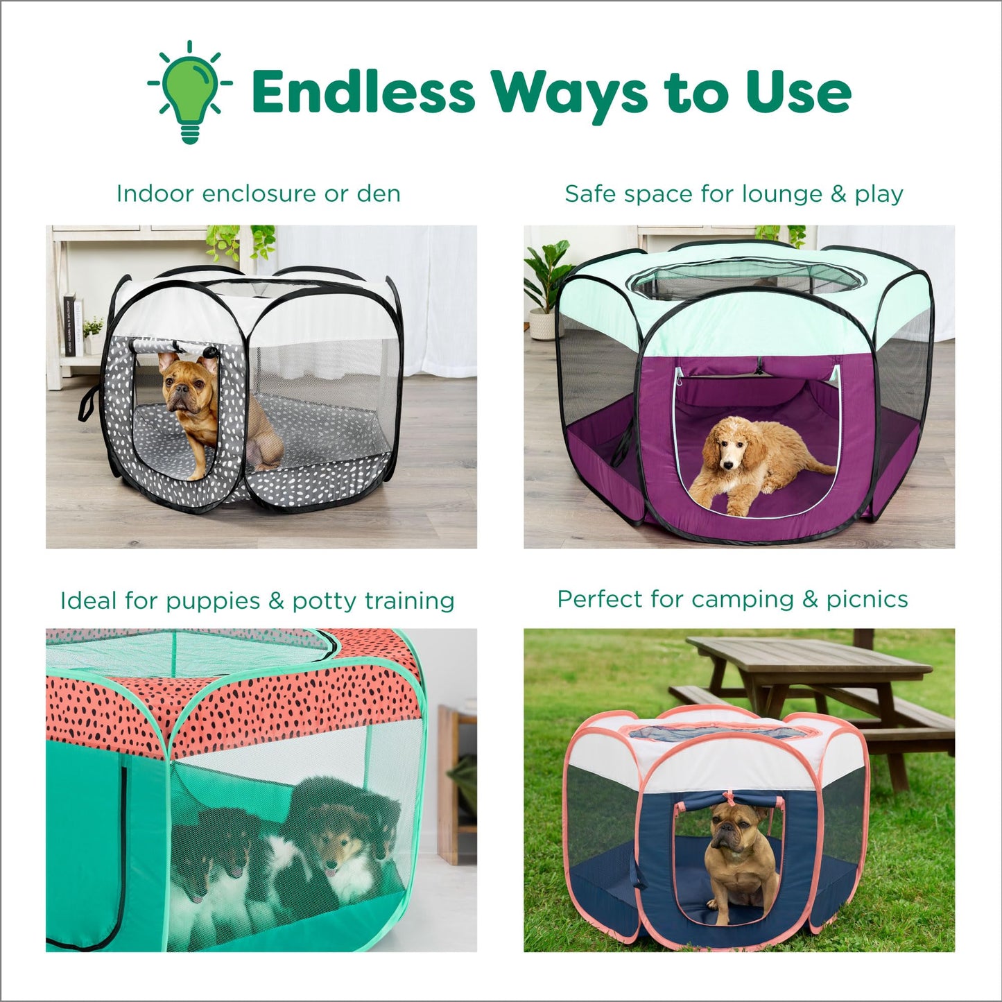 Furhaven Portable Dog Playpen Cat Tent, Pet Playground/Kennel Foldable Indoor Outdoor Zippered Puppy Crate - Green & Pink, Medium