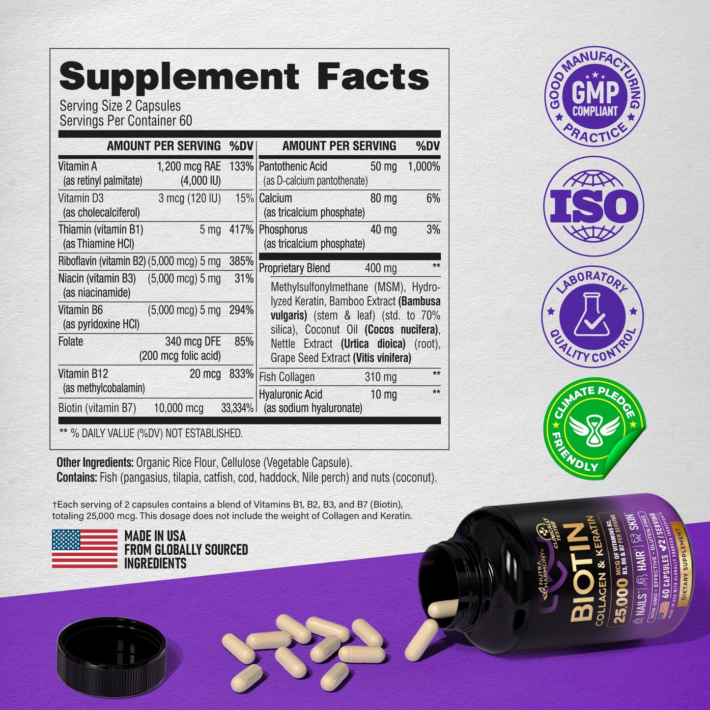 Hair Growth Support Pills with Biotin, Collagen, Keratin, Hyaluronic Acid - 25000mcg - Made in USA