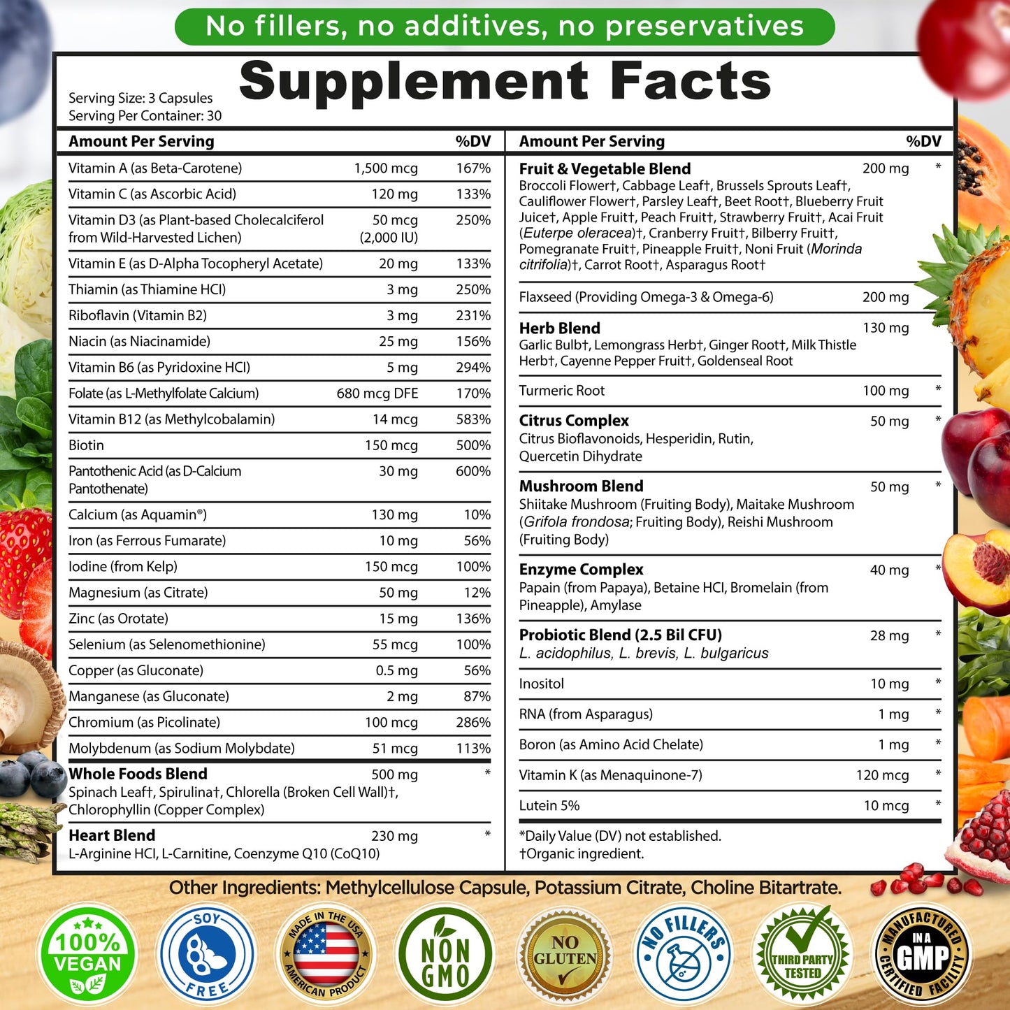 Vegan Whole Food Multivitamin with Iron, Daily Multivitamin for Women and Men, Made with Fruits & Vegetables, B-Complex, Probiotics, Enzymes, CoQ10, Omegas, Turmeric, Non-GMO, 90 Count