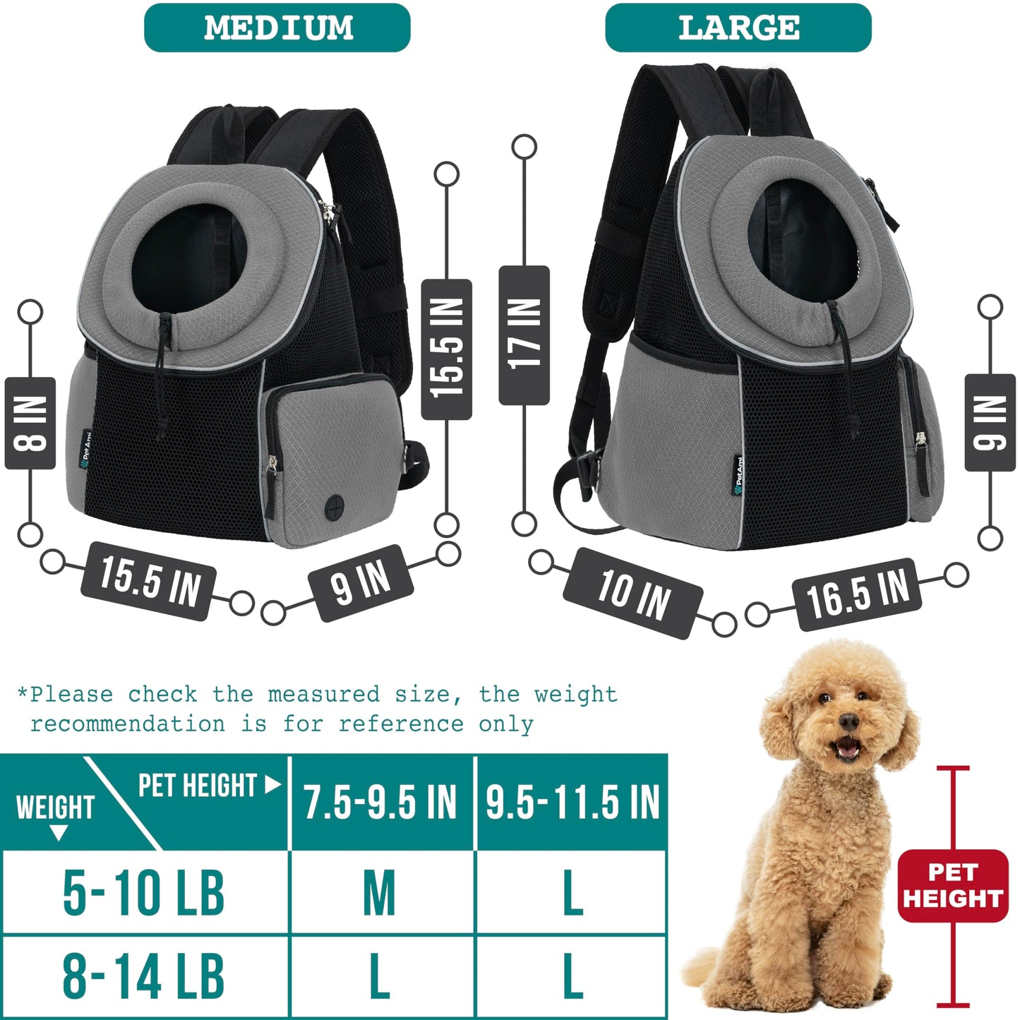 PetAmi Dog Front Carrier Backpack, Extra Ventilated Adjustable Pet Cat Chest Carrier Backpack, Small Dog Carrier for Hiking Camping Travel, Medium Dog Puppy Large Cat Carrying Bag, Max 10 lbs, Grey