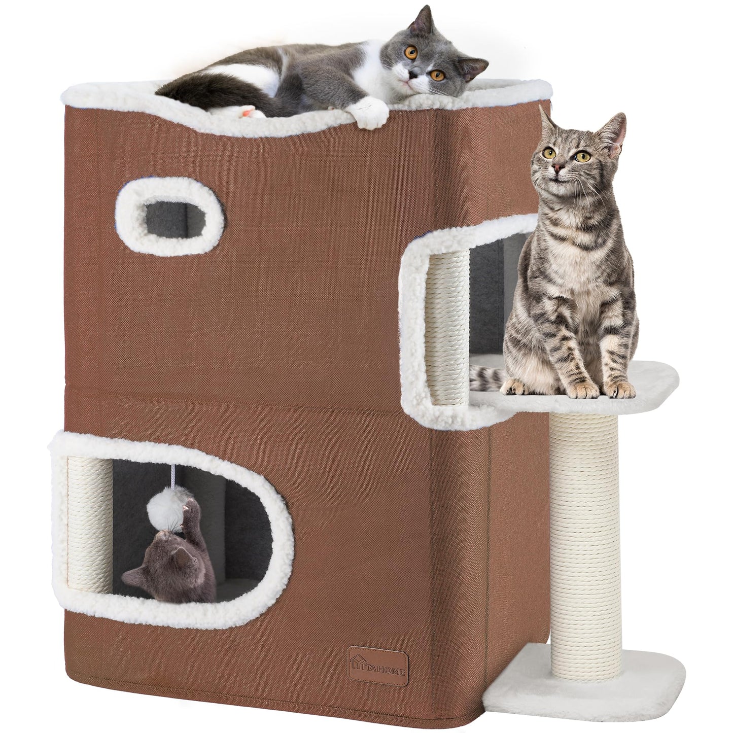 YITAHOME 2-Tier Cat House, Indoor Cat Cave Bed Playhouse, Flannel & Cool Mat, Covered Cat Beds with Scratch Pad and Hideaway Cave, Cute Modern Cat Condo Furniture for Multi Small Cats, Brown