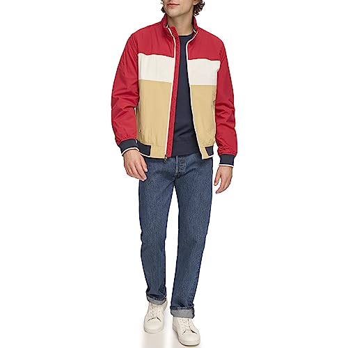 Tommy Hilfiger Men's Yachting Bomber Jacket, Khaki/Red Colorblock, Medium