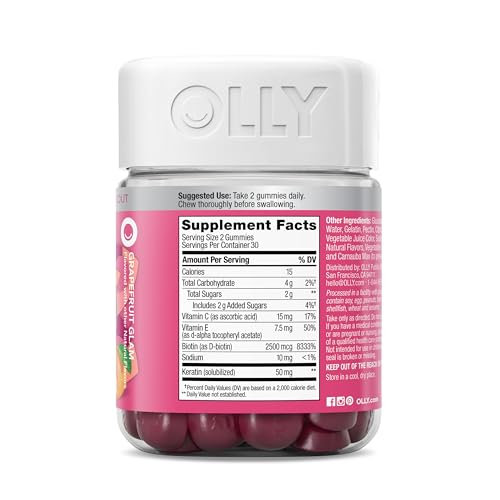 OLLY Undeniable Beauty Gummy, For Hair, Skin, Nails, Biotin, Vitamin C, Keratin, Chewable Supplement, Grapefruit, 30 Day Supply - 60 Count