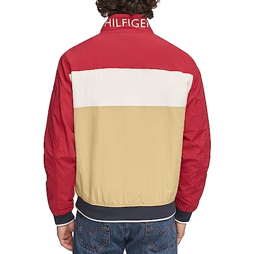 Tommy Hilfiger Men's Yachting Bomber Jacket, Khaki/Red Colorblock, Medium
