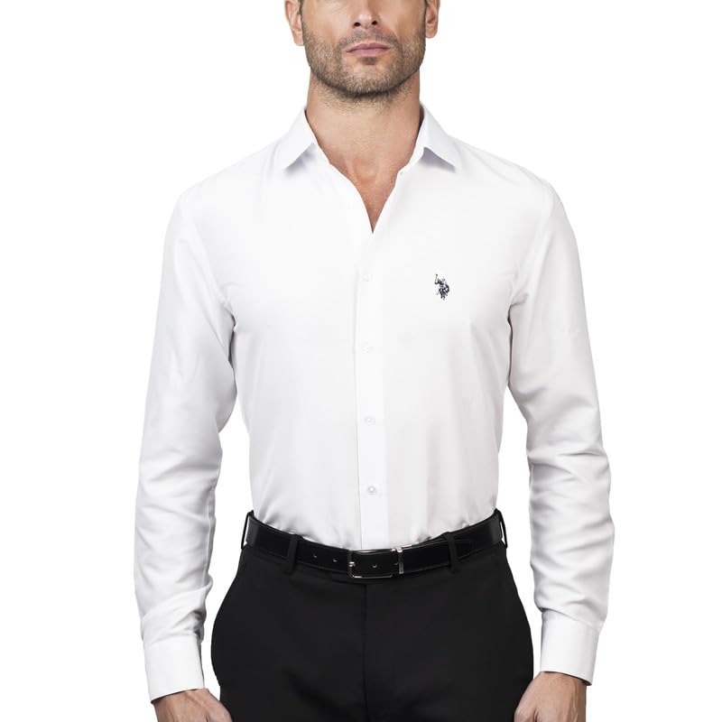 U.S. Polo Assn. White Slim Fit Long Sleeve Button Down Dress Shirts for Men - Wrinkle Free Long Sleeve Shirt Mens Formal