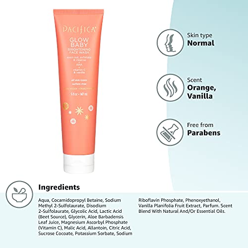 Pacifica Beauty Glow Daily Face Cleanser, Exfoliating, Vitamin C, AHA, Vanilla, For All Skin Types, Sulfate and Paraben Free, Vegan and Cruelty Free, 5 Oz