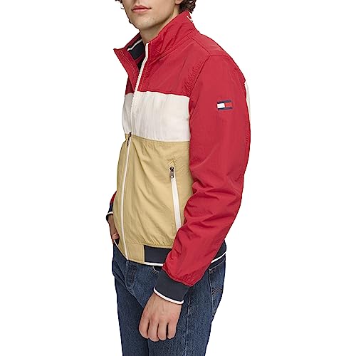 Tommy Hilfiger Men's Yachting Bomber Jacket, Khaki/Red Colorblock, Medium