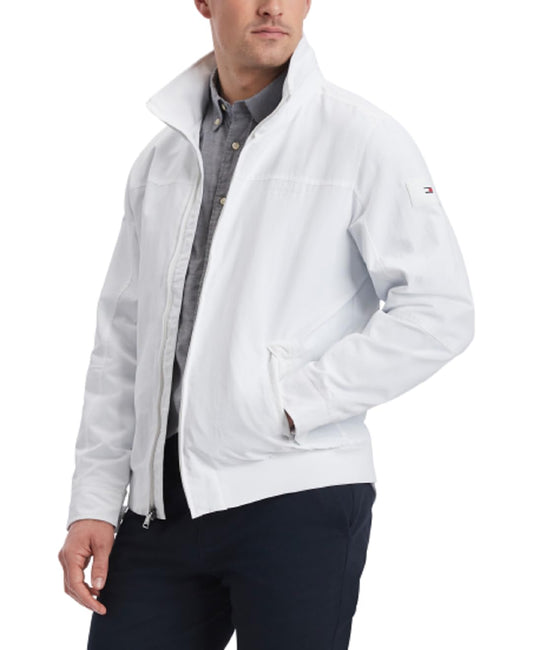Tommy Hilfiger Men's Lightweight Waterproof Regatta Bomber Jacket, Sustainable Optic White, MEDIUM
