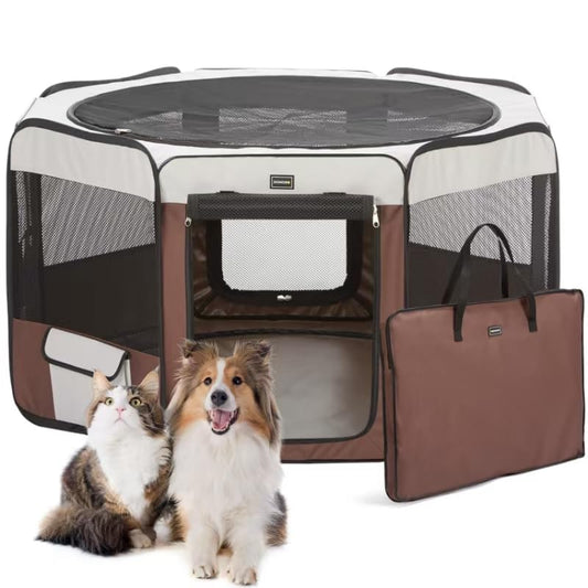 DONORO Dog Playpen 29" Portable Pet Play Pens for Small Dog/Cat/Rabbit/Chicks, Cat Playpen Indoor/Outdoor with Carring Case, Removable Zipper Top and Bottom (Brown, Small (29"x29"x15"), 8)