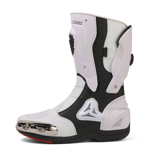 Zeozoom Motorcycle Riding Boots Motorcycle Leather Boots for Women and Men Protection Anti Slip Racing Sports (White, Adult, Men, 10, Numeric, US Footwear Size System, Medium)