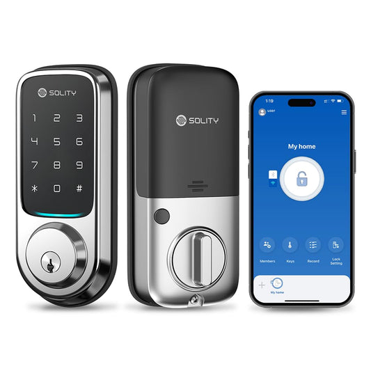 Solity No-Hub Smart Digital Door Lock, Designed in Korea, Keyless Entry, Wi-Fi, Remote Control, Touchscreen Keypad, Auto Lock, IP54 Waterproof GT10K Keypad (Satin Nickel)