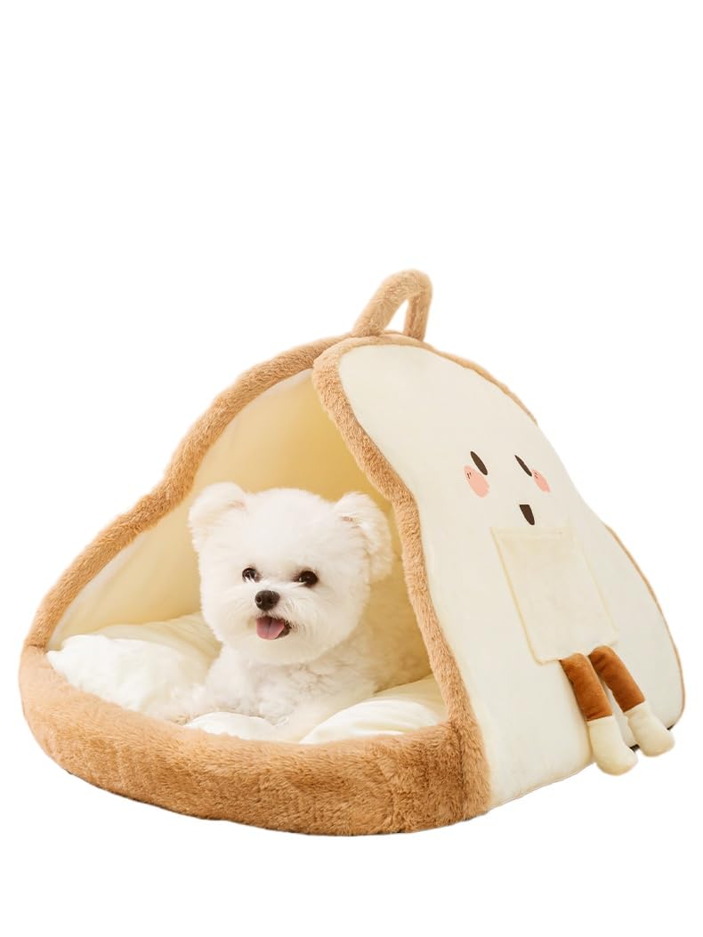 Portable Pet Cave for Puppy Kitten Cute Toast Design for Small Pets Cosy Cuddler (M:up to 5.5lbs)