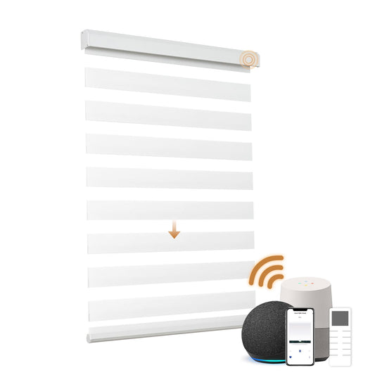 JOYENG Motorized Zebra Blinds Compatible with Alexa, Smart Dual Layer Shades with Privacy Light Control, Electric Horizontal Window Blind Customized Size for Home Office (Luxury White)