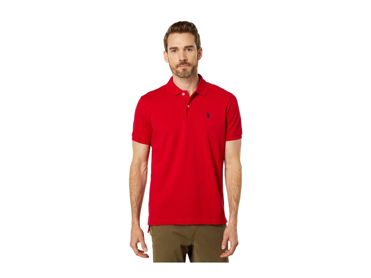 U.S. Polo Assn. Men's Classic Polo Shirt, Two-Button Closure Pique Polo Shirt, Summer Fashion Golf Shirt, Engine Red, Medium