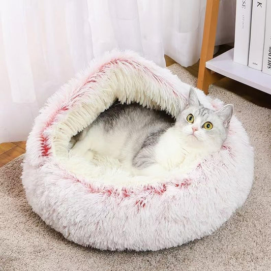 Generic Cat Bed Round Fluffy Hooded Cat Bed Cave, Anti-Anxiety, Anti-Slip, Pink, Small (15.8" x 15.8" x 7.9")