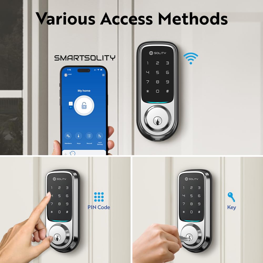 Solity No-Hub Smart Digital Door Lock, Designed in Korea, Keyless Entry, Wi-Fi, Remote Control, Touchscreen Keypad, Auto Lock, IP54 Waterproof GT10K Keypad (Satin Nickel)