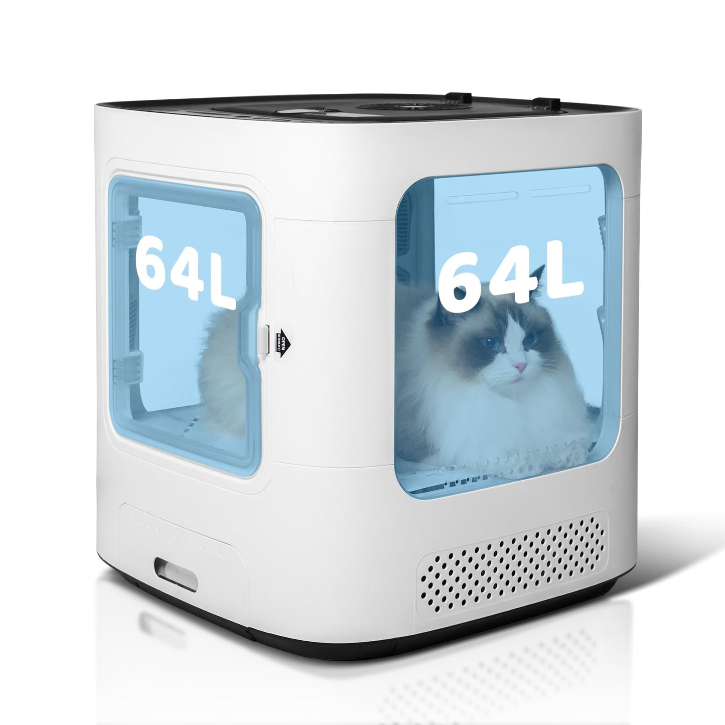 Exquimac 64L Pet Dryer Box Ultra Quiet Anion with Smart Temperature Control, 360° Fast Dry, Overheating Protection, Four-Sided Visibility, 4 Modes, Automatic Drying for Cats & Small Dogs