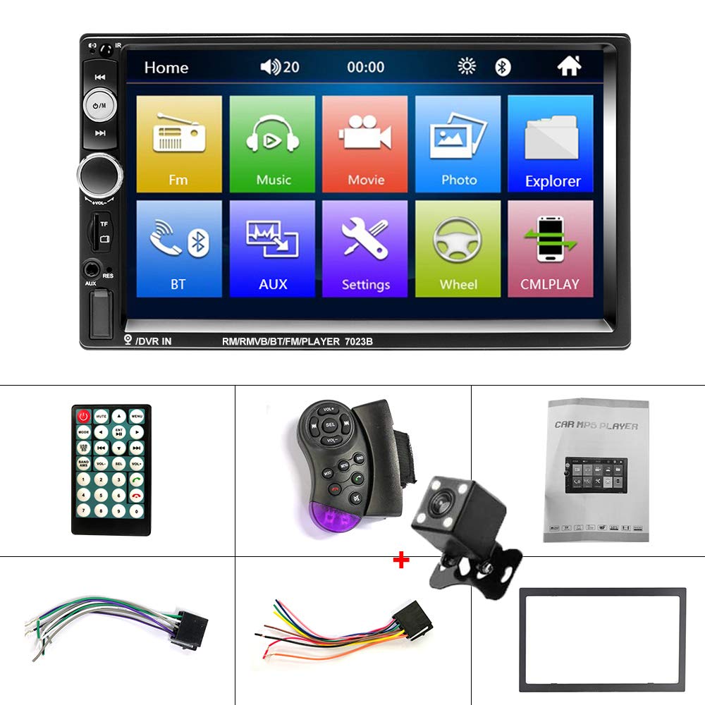 CAMECHO 7" Double Din Car Stereo Audio Bluetooth MP5 Player USB FM Multimedia Radio+ 4 LED Mini Backup Camera with Steering Wheel Remote Support Mobile Phone Synchronization (Used in Android/iOS)