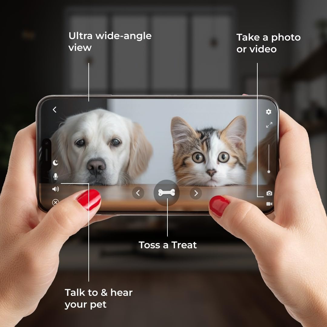 WaggleCam 2K | 360° Pet Camera with Treat Dispenser, Privacy-Enabled Built-in Storage, Free Video Streaming for Pets, Motion Alerts, Night Vision & 2-Way Audio