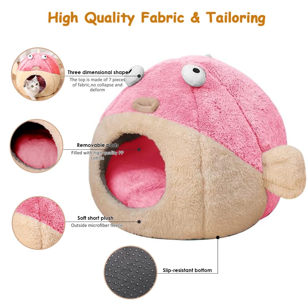 Cat Beds for Indoor Cats - Cat Bed Cave with Removable Washable Cushioned Pillow, Soft Plush Premium Cotton No Deformation Pet Bed, Lively Pufferfish Cat House Design, Pink, Multiple Sizes(M)