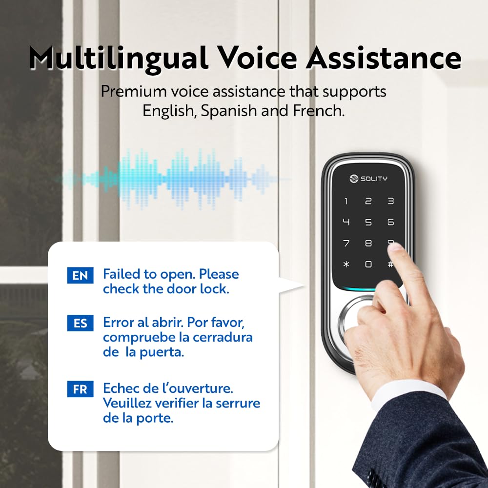 Solity No-Hub Smart Digital Door Lock, Designed in Korea, Keyless Entry, Wi-Fi, Remote Control, Touchscreen Keypad, Auto Lock, IP54 Waterproof GT10K Keypad (Satin Nickel)