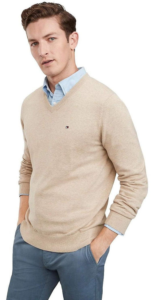 Tommy Hilfiger Men's Cotton V Neck Sweater, TanHtr, XXL