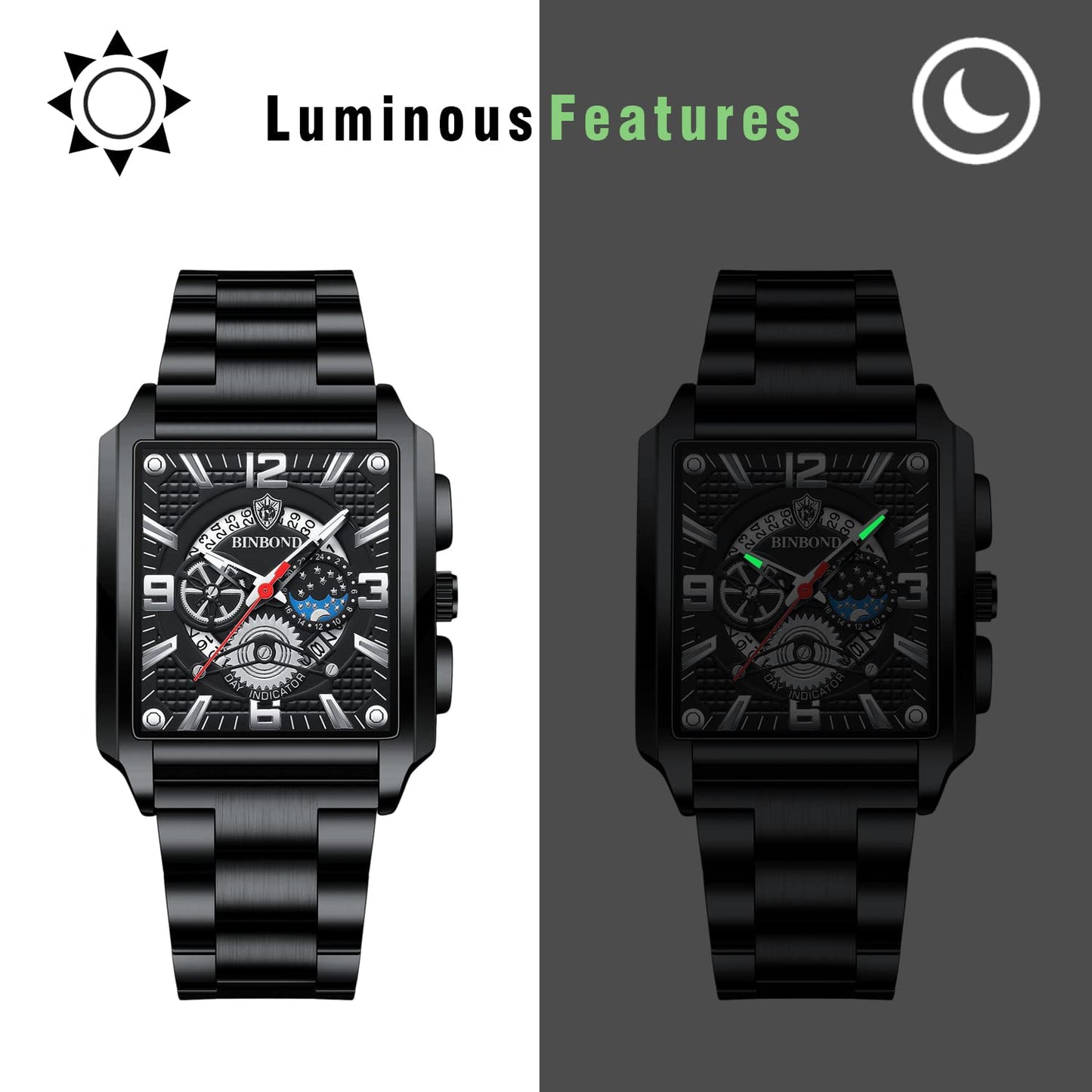 Avaner Men's Stainless Steel Wrist Watch, Analog Quartz Square Watch for Men with Calendar and Luminous Pointers